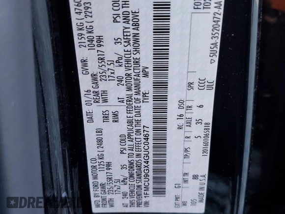 2016 Ford Escape SE with VIN 1FMCU9GX4GUC04677, listed as a Copart auction lot 53531765 with 88,355 mi miles and Salvage Title. Bid and sale history available at carsss.com. Image 13.