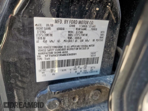 2008 Ford F-350 XL with VIN 1FTWW31R48EE60591, listed as a Copart auction lot 61618795 with 183,968 mi miles and Salvage title. Bid and sale history available at DreamBid. Image 12.