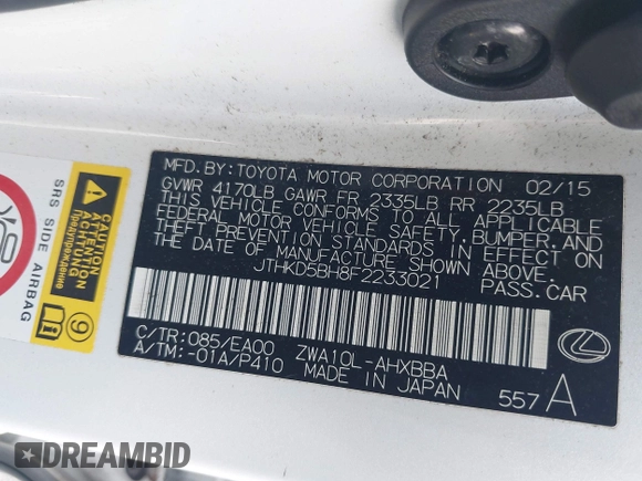 2015 Lexus CT 200h with VIN JTHKD5BH8F2233021, listed as a IAAI auction lot 42687217 with 110,443 mi miles and . Bid and sale history available at DreamBid. Image 9.