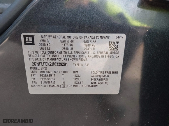 2017 Chevrolet Equinox LT with VIN 2GNFLFEK2H6329291, listed as a IAAI auction lot 42118904 with 192,169 mi miles. Bid and sale history available at carsss.com. Image 9.