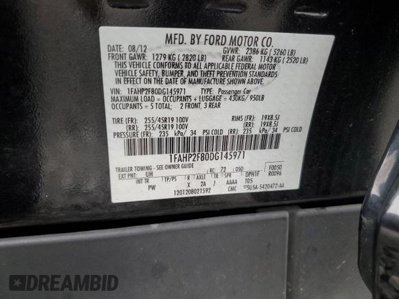 2013 Ford Taurus Limited with VIN 1FAHP2F80DG145971, listed as a Copart auction lot 59947915 with 101,693 mi miles and Salvage title. Bid and sale history available at DreamBid. Image 12.