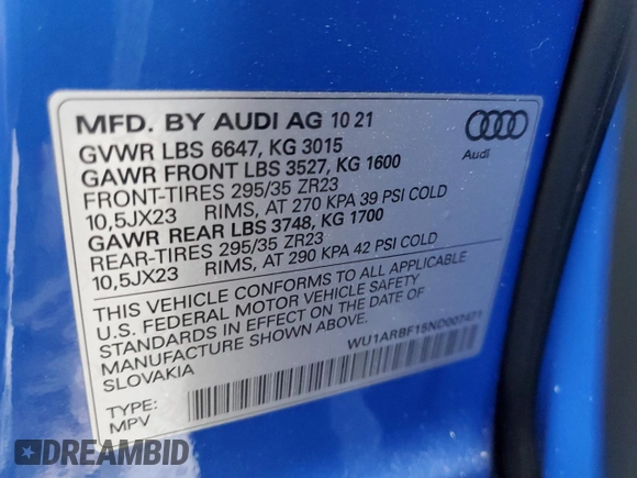 2022 Audi RS Q8 z VIN WU1ARBF15ND007471, wystawiony jako Copart lot #85458484 z przebiegiem Nie podano mil oraz Szkoda całkowita • Salvage title. Historia ofert i sprzedaży dostępna na DreamBid. Obrazek 13.