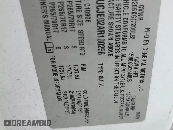 2010 Chevrolet Suburban LT z VIN 1GNUCJE02AR100256, wystawiony jako Copart lot #49978905 z przebiegiem 257 826 mil mil oraz Szkoda całkowita • Salvage title. Historia ofert i sprzedaży dostępna na DreamBid. Obrazek 13.