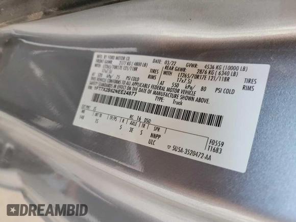 2022 Ford F-250 XL with VIN 1FT7X2B62NEE24877, listed as a IAAI auction lot 42061830 with 116,430 mi miles and . Bid and sale history available at DreamBid. Image 1.