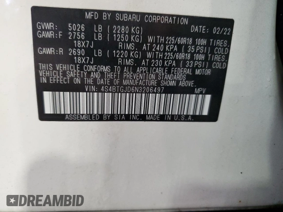 2022 Subaru Outback Onyx XT with VIN 4S4BTGJD6N3206497, listed as a Copart auction lot 59954055 with 61,366 mi miles and Salvage title. Bid and sale history available at DreamBid. Image 13.