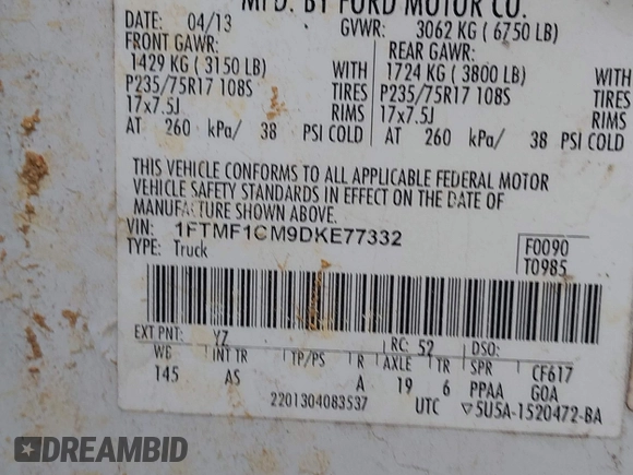 2013 Ford F-150 XL with VIN 1FTMF1CM9DKE77332, listed as a IAAI auction lot 41930373 with 203,683 mi miles and . Bid and sale history available at carsss.com. Image 9.