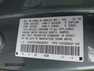 2009 Honda Accord EX z VIN 1HGCP26799A092601, wystawiony jako IAAI lot #42360755 z przebiegiem 298 069 mil mil oraz . Historia ofert i sprzedaży dostępna na DreamBid. Obrazek 9.