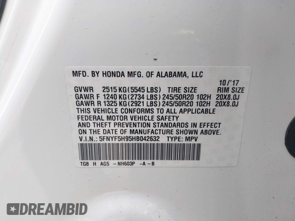 2017 Honda Pilot Touring with VIN 5FNYF5H95HB042632, listed as a IAAI auction lot 42011885 with 103,321 mi miles. Bid and sale history available at carsss.com. Image 9.