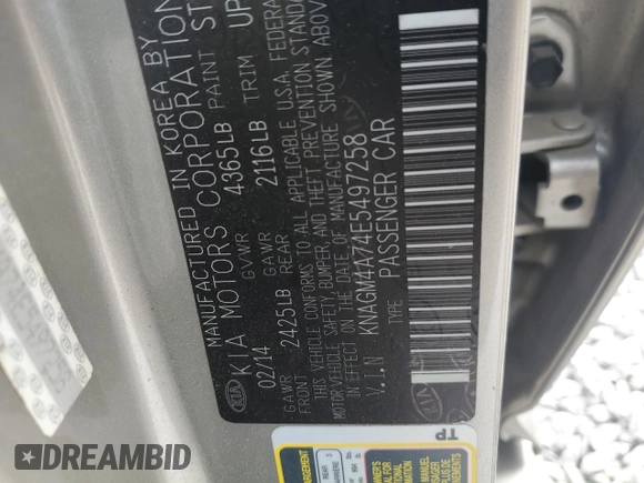 2014 Kia Optima LX with VIN KNAGM4A74E5497258, listed as a Copart auction lot 54955105 with 196,406 mi miles and Clean Title. Bid and sale history available at carsss.com. Image 12.