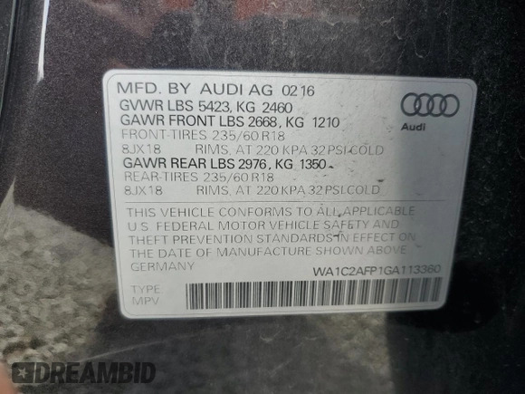 2016 Audi Q5 Premium with VIN WA1C2AFP1GA113360, listed as a Copart auction lot 56356715 with 109,171 mi miles and Salvage title. Bid and sale history available at DreamBid. Image 13.