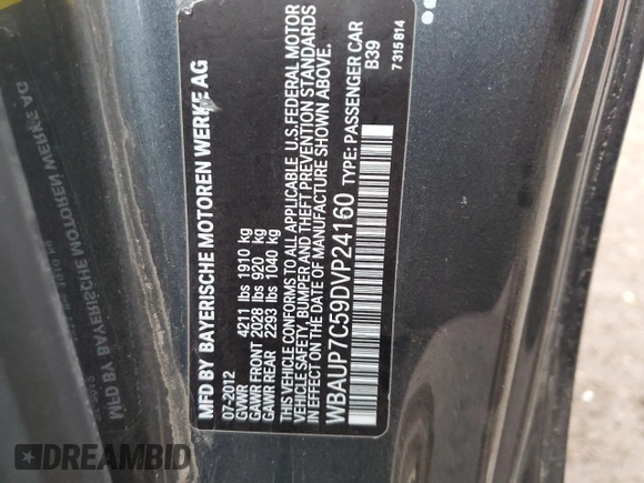 2013 BMW 1 Series 128i with VIN WBAUP7C59DVP24160, listed as a Copart auction lot 84736514 with 91,820 mi miles and Salvage Title. Bid and sale history available at carsss.com. Image 14.