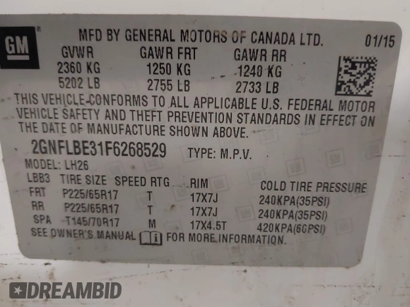 2015 Chevrolet Equinox LT with VIN 2GNFLBE31F6268529, listed as a IAAI auction lot 41821025 with 189,308 mi miles and . Bid and sale history available at carsss.com. Image 9.