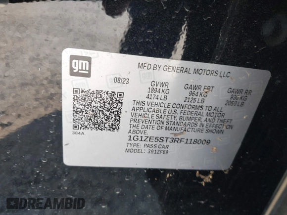 2024 Chevrolet Malibu LT with VIN 1G1ZE5ST3RF118009, listed as a IAAI auction lot 42071967 with Not Provided miles and . Bid and sale history available at DreamBid. Image 9.