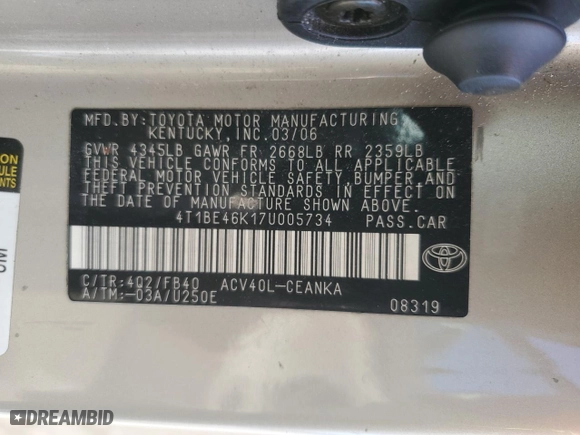 2007 Toyota Camry CE with VIN 4T1BE46K17U005734, listed as a Copart auction lot 48186125 with 195,025 mi miles and Clean Title. Bid and sale history available at carsss.com. Image 14.