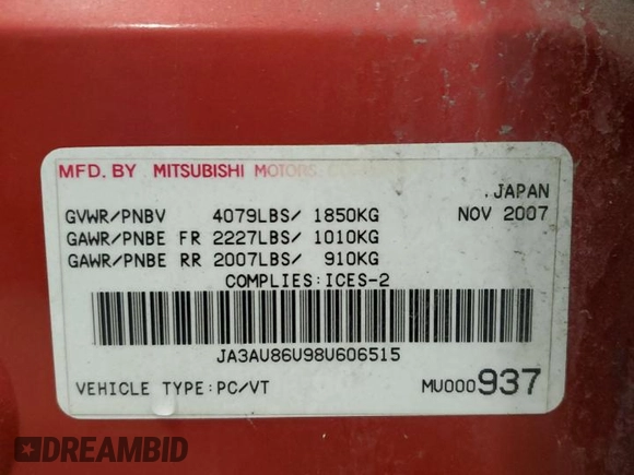 2008 Mitsubishi Lancer GTS with VIN JA3AU86U98U606515, listed as a Copart auction lot 53334645 with 312,991 mi miles and Clean Title. Bid and sale history available at carsss.com. Image 13.