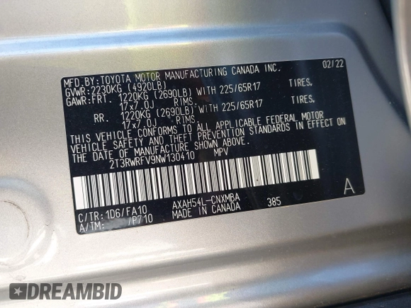 2022 Toyota RAV4 Hybrid XLE z VIN 2T3RWRFV9NW130410, wystawiony jako IAAI lot #42228113 z przebiegiem 32 672 mil mil oraz . Historia ofert i sprzedaży dostępna na DreamBid. Obrazek 9.