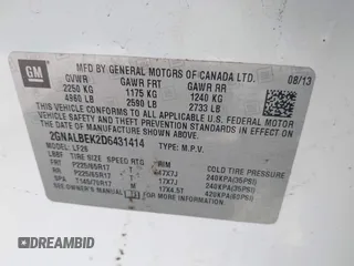 2013 Chevrolet Equinox LS z VIN 2GNALBEK2D6431414, wystawiony jako IAAI lot #42146069 z przebiegiem 118 990 mil mil oraz . Historia ofert i sprzedaży dostępna na DreamBid. Obrazek 9.
