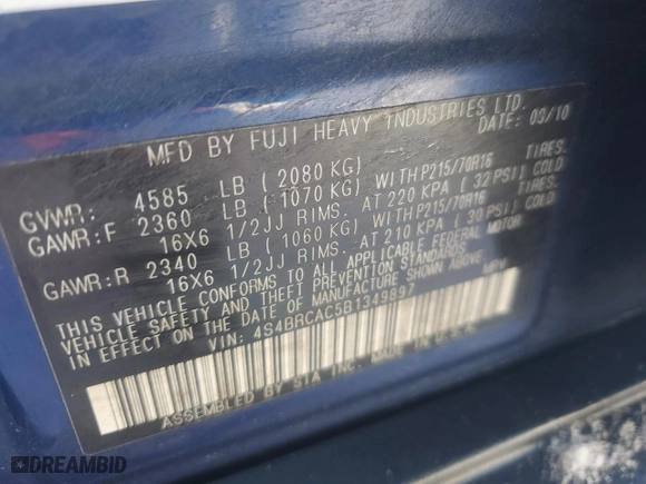2011 Subaru Outback 2.5i with VIN 4S4BRCAC5B1349897, listed as a Copart auction lot 87860235 with 220,448 mi miles and Salvage Title. Bid and sale history available at carsss.com. Image 13.