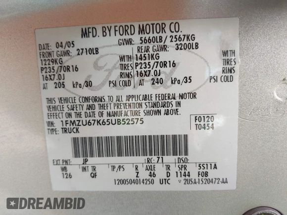 2005 Ford Explorer Sport Trac XLS with VIN 1FMZU67K65UB52575, listed as a IAAI auction lot 42516281 with 129,742 mi miles and . Bid and sale history available at DreamBid. Image 9.
