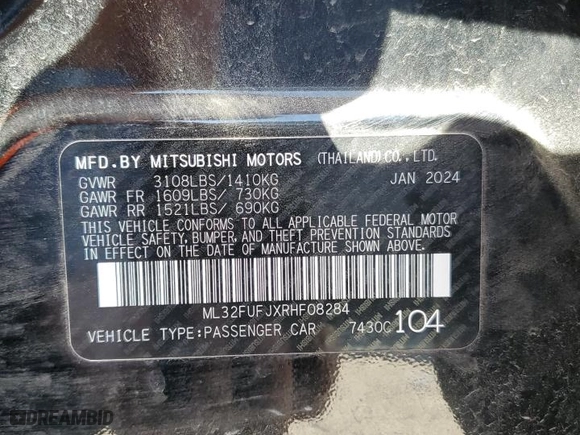 2024 Mitsubishi Mirage G4 ES with VIN ML32FUFJXRHF08284, listed as a Copart auction lot 49836975 with 13,310 mi miles and Clean Title. Bid and sale history available at carsss.com. Image 13.