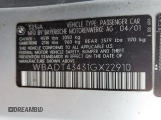 2001 BMW 5 Series 525i z VIN WBADT43431GX22910, wystawiony jako Copart lot #51166145 z przebiegiem 153 615 mil mil oraz Szkoda całkowita • Salvage title. Historia ofert i sprzedaży dostępna na DreamBid. Obrazek 12.