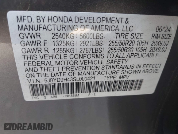 2025 Acura MDX Technology with VIN 5J8YD9H43SL000421, listed as a IAAI auction lot 41470306 with 17,143 mi miles and . Bid and sale history available at DreamBid. Image 9.