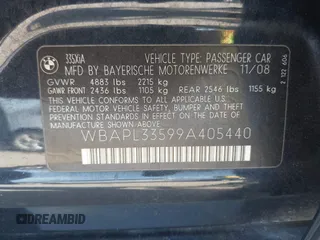 2009 BMW 3 Series 335i xDrive with VIN WBAPL33599A405440, listed as a IAAI auction lot 41736551 with 125,262 mi miles and . Bid and sale history available at DreamBid. Image 9.