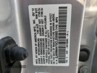 2012 Honda CR-V EX-L with VIN 5J6RM4H79CL059985, listed as a Copart auction lot 58623535 with 38,054 mi miles and Salvage title. Bid and sale history available at DreamBid. Image 13.