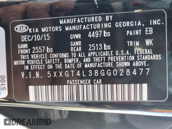 2016 Kia Optima LX with VIN 5XXGT4L38GG028477, listed as a Copart auction lot 46184195 with 80,024 mi miles and Salvage Title. Bid and sale history available at carsss.com. Image 14.