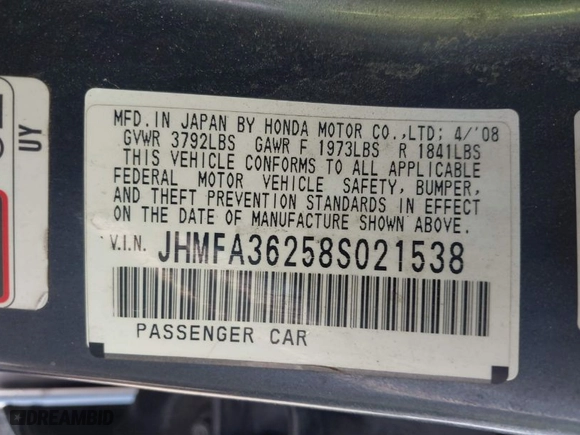 2008 Honda Civic Hybrid with VIN JHMFA36258S021538, listed as a IAAI auction lot 41857565 with 179,441 mi miles. Bid and sale history available at carsss.com. Image 9.