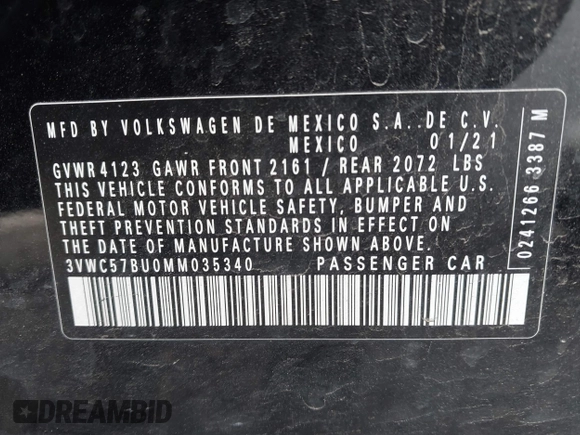 2021 Volkswagen Jetta S z VIN 3VWC57BU0MM035340, wystawiony jako IAAI lot #42045819 z przebiegiem 76 751 mil mil oraz . Historia ofert i sprzedaży dostępna na DreamBid. Obrazek 9.