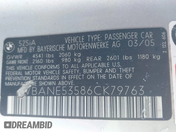 2006 BMW 5 Series 525i with VIN WBANE53586CK79763, listed as a IAAI auction lot 41376038 with 109,494 mi miles. Bid and sale history available at carsss.com. Image 9.