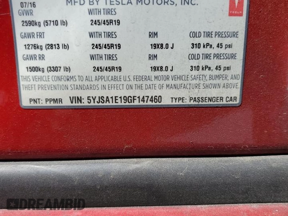 2016 Tesla Model S 70 with VIN 5YJSA1E19GF147460, listed as a Copart auction lot 64068545 with 99,201 mi miles and Salvage title. Bid and sale history available at DreamBid. Image 12.