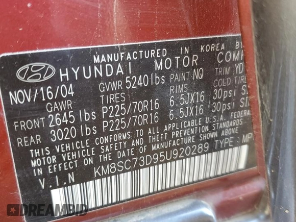 2005 Hyundai Santa Fe GLS with VIN KM8SC73D95U920289, listed as a Copart auction lot 72816834 with 120,879 mi miles and Salvage Title. Bid and sale history available at carsss.com. Image 14.