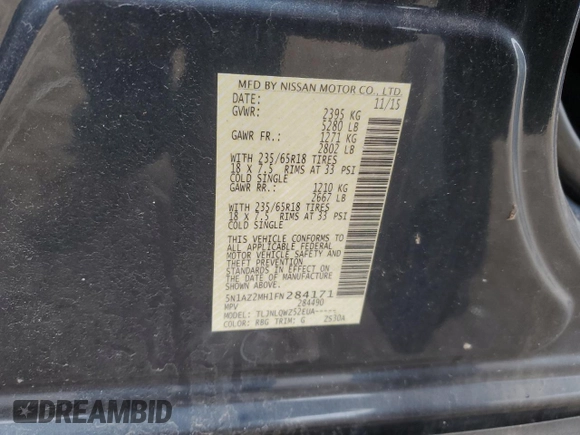 2015 Nissan Murano SV z VIN 5N1AZ2MH1FN284171, wystawiony jako Copart lot #52726995 z przebiegiem 50 567 mil mil oraz Szkoda całkowita • Salvage title. Historia ofert i sprzedaży dostępna na DreamBid. Obrazek 15.