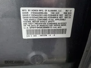 2012 Honda Pilot EX-L with VIN 5FNYF4H50CB066613, listed as a Copart auction lot 56626305 with 196,841 mi miles and Salvage title. Bid and sale history available at DreamBid. Image 13.