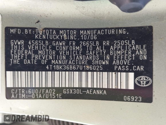 2007 Toyota Avalon XL z VIN 4T1BK36B67U186025, wystawiony jako IAAI lot #41904650 z przebiegiem 127 081 mil mil oraz . Historia ofert i sprzedaży dostępna na DreamBid. Obrazek 9.