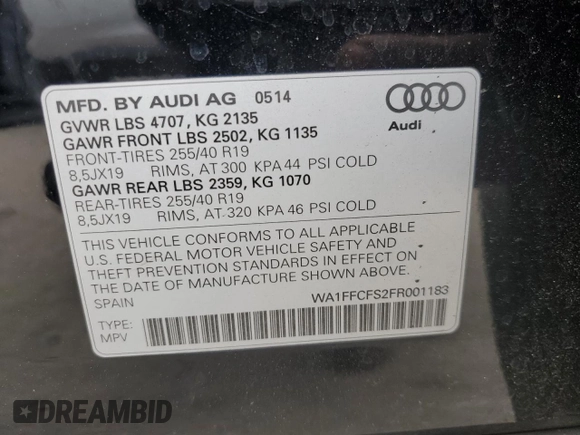 2015 Audi Q3 Prestige with VIN WA1FFCFS2FR001183, listed as a Copart auction lot 83607164 with 80,430 mi miles and Salvage title. Bid and sale history available at DreamBid. Image 13.