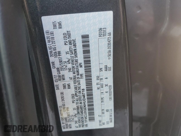 2017 Ford Escape SE with VIN 1FMCU0GD6HUD48718, listed as a Copart auction lot 48582795 with 120,705 mi miles and Clean Title. Bid and sale history available at carsss.com. Image 13.
