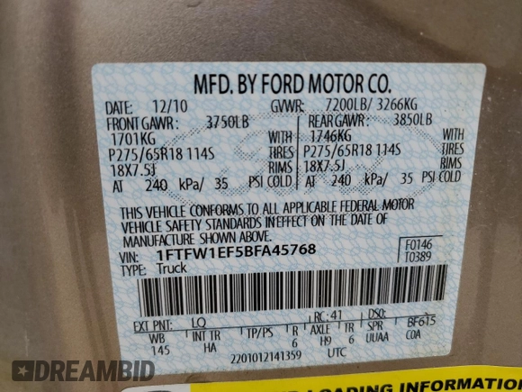 2011 Ford F-150 XL with VIN 1FTFW1EF5BFA45768, listed as a Copart auction lot 59952055 with 150,636 mi miles and Salvage title. Bid and sale history available at DreamBid. Image 13.