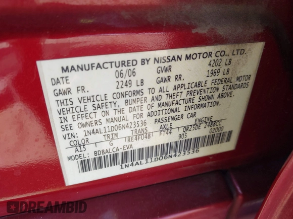 2006 Nissan Altima S z VIN 1N4AL11D06N423536, wystawiony jako IAAI lot #42279390 z przebiegiem 150 308 mil mil oraz . Historia ofert i sprzedaży dostępna na DreamBid. Obrazek 9.