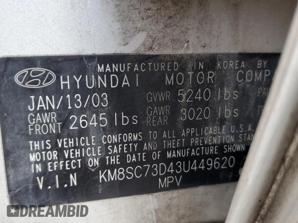 2003 Hyundai Santa Fe GLS with VIN KM8SC73D43U449620, listed as a Copart auction lot 72917714 with 113,766 mi miles and Salvage Title. Bid and sale history available at carsss.com. Image 14.