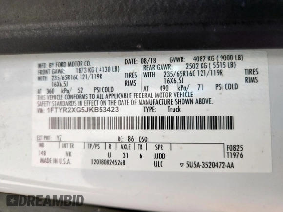 2018 Ford Transit с VIN 1FTYR2XG5JKB53423, выставлен на аукционе Copart как лот 57628365 с пробегом 123 202 миль миль и Списание • Salvage title. История ставок и продаж доступна на DreamBid. Изображение 13.
