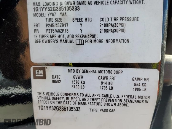 2003 Chevrolet Corvette with VIN 1G1YY32G335105333, listed as a Copart auction lot 75792834 with 0 mi miles and Clean Title. Bid and sale history available at carsss.com. Image 12.