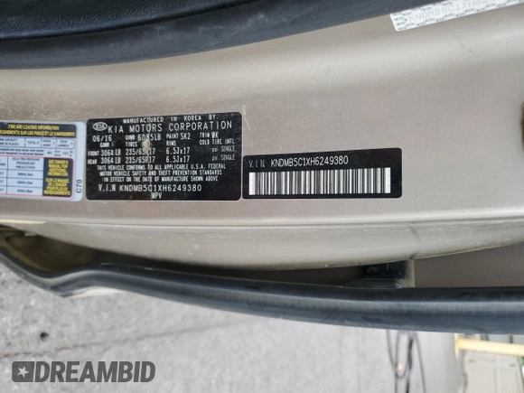 2017 Kia Sedona LX with VIN KNDMB5C1XH6249380, listed as a Copart auction lot 72143194 with 159,918 mi miles and Salvage Title. Bid and sale history available at DreamBid. Image 12.