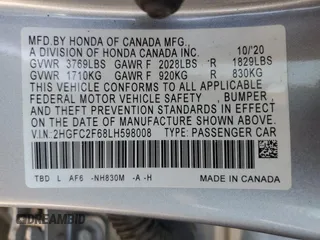 2020 Honda Civic LX z VIN 2HGFC2F68LH598008, wystawiony jako Copart lot #59290285 z przebiegiem 40 568 mil mil oraz Szkoda całkowita • Salvage title. Historia ofert i sprzedaży dostępna na DreamBid. Obrazek 13.