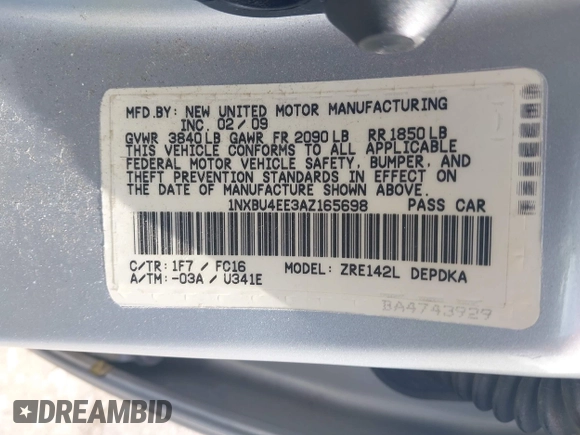 2010 Toyota Corolla with VIN 1NXBU4EE3AZ165698, listed as a IAAI auction lot 42201499 with 79,895 mi miles and . Bid and sale history available at carsss.com. Image 9.