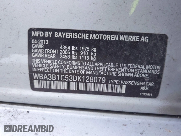 2013 BMW 3 Series 320i with VIN WBA3B1C53DK128079, listed as a IAAI auction lot 41316846 with 138,559 mi miles. Bid and sale history available at carsss.com. Image 9.