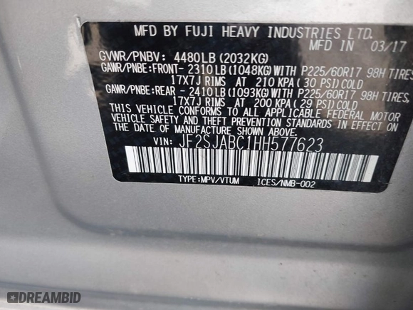 2017 Subaru Forester with VIN JF2SJABC1HH577623, listed as a IAAI auction lot 42061596 with 67,900 mi miles. Bid and sale history available at carsss.com. Image 9.