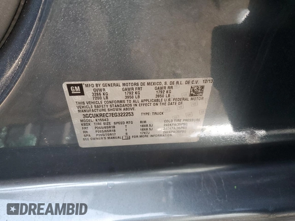 2014 Chevrolet Silverado 1500 LT with VIN 3GCUKREC7EG322253, listed as a Copart auction lot 83866084 with Not Provided miles and Salvage Title. Bid and sale history available at DreamBid. Image 12.